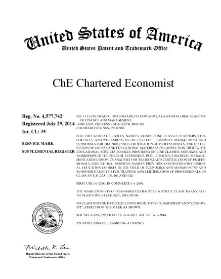 ChE Chartered Economist USPTO Trademark